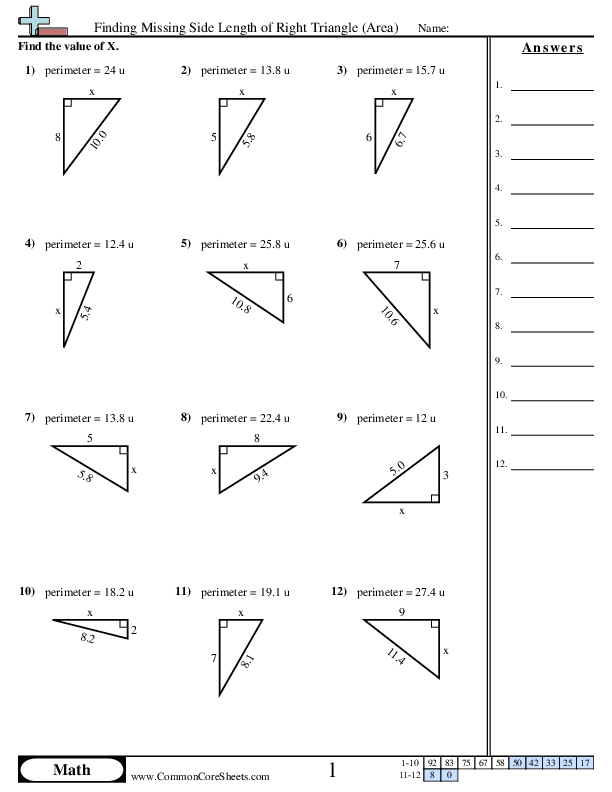 Area & Perimeter Worksheets - Finding Missing Side Length of Right Triangle (Area) worksheet